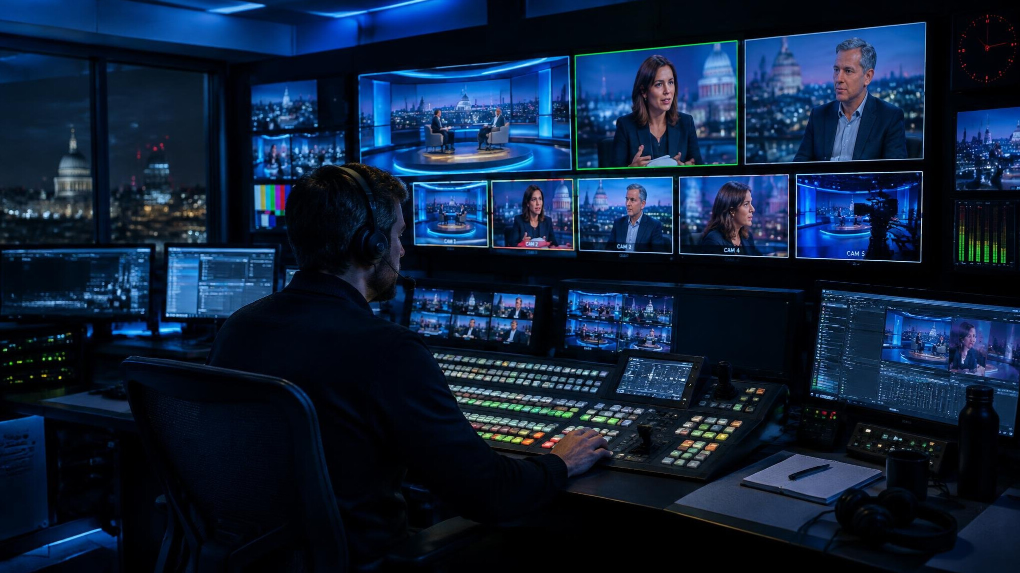 Television control room with operator switching between multiple camera feeds on a vision mixer