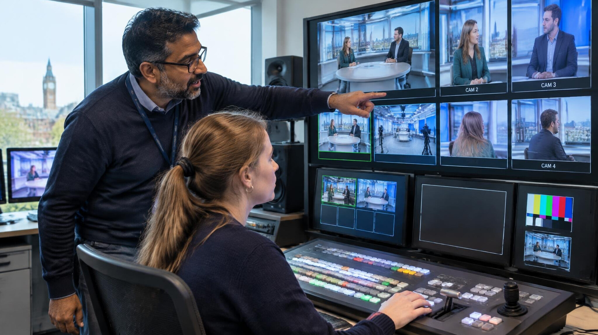 Instructor guiding a student at a broadcast switcher desk in a training studio